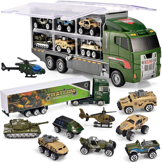 Coolplay 10 in 1 Military Army Vehicle Truck for Toddler, Mini Battle Car Toy Set in Carrier Truck for Kids Boys 3 Years Old