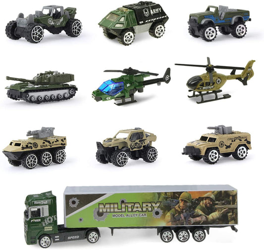 Coolplay 10 in 1 Military Army Vehicle Truck for Toddler, Mini Battle Car Toy Set in Carrier Truck for Kids Boys 3 Years Old